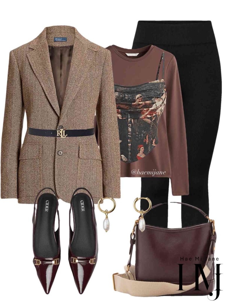 Renaissance print top under a tweed blazer with wine-colored flats.