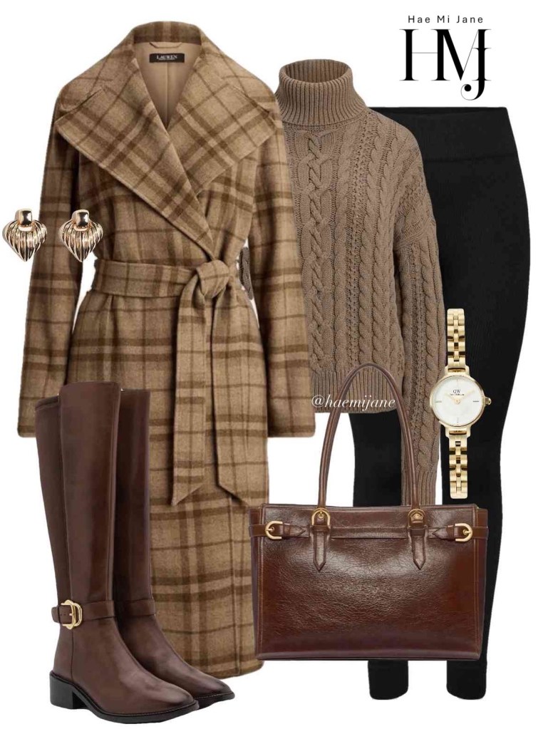 Plaid wrap coat with a tan turtleneck and tall brown boots.