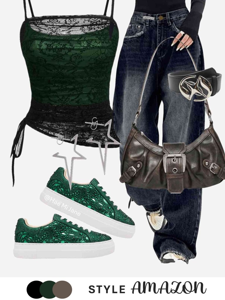 Dark green lace camisole, black carpenter jeans, emerald platform sneakers.