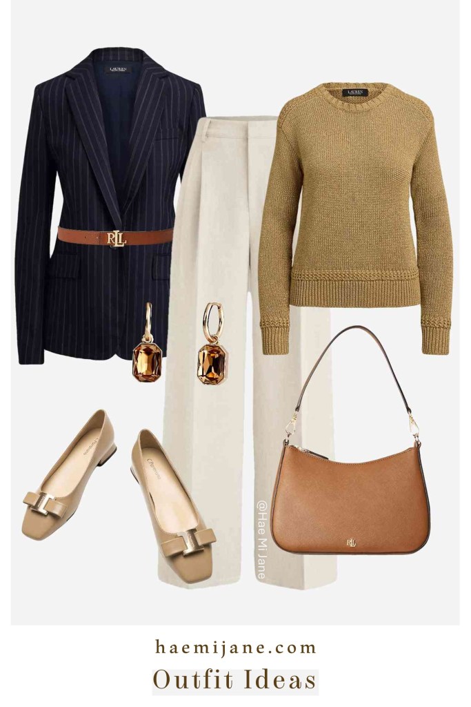 Navy blue striped blazer with a metallic textured knit sweater and brown leather bag.