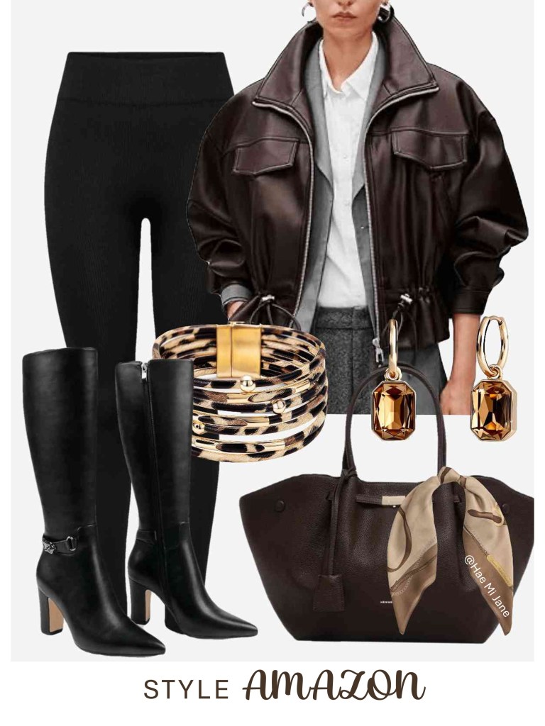 Chocolate brown leather bomber jacket with black boots