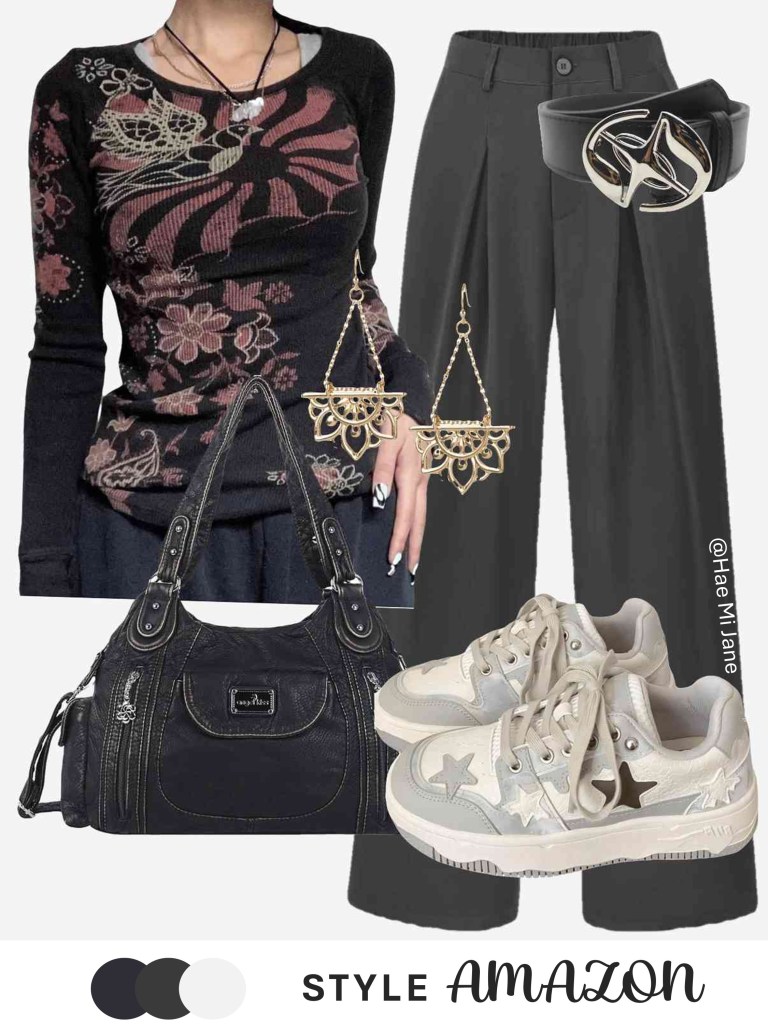 Dark floral knit, tailored black trousers, dark academia aesthetic