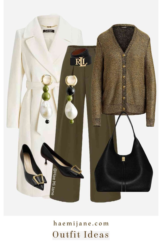metallic gold cardigain with olive green pants and a cream wrap coat.