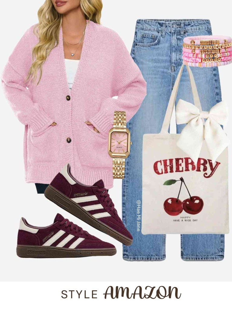 Oversized pink cardigan with burgundy sneakers and cherry graphic tote.