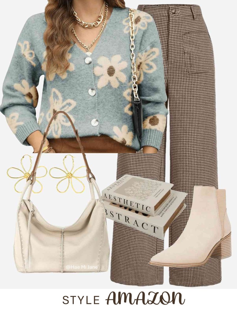 Floral print v-neck cardigan with houndstooth pants and cream ankle boots.
