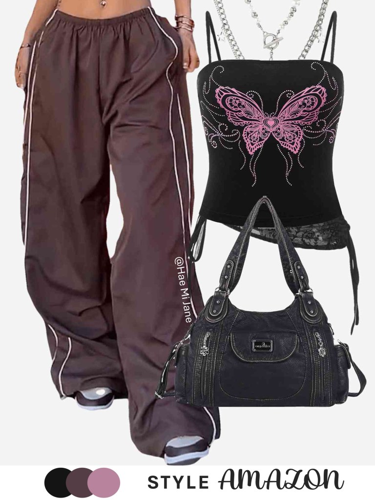 Butterfly graphic cami, chocolate brown track pants, Y2K aesthetic.