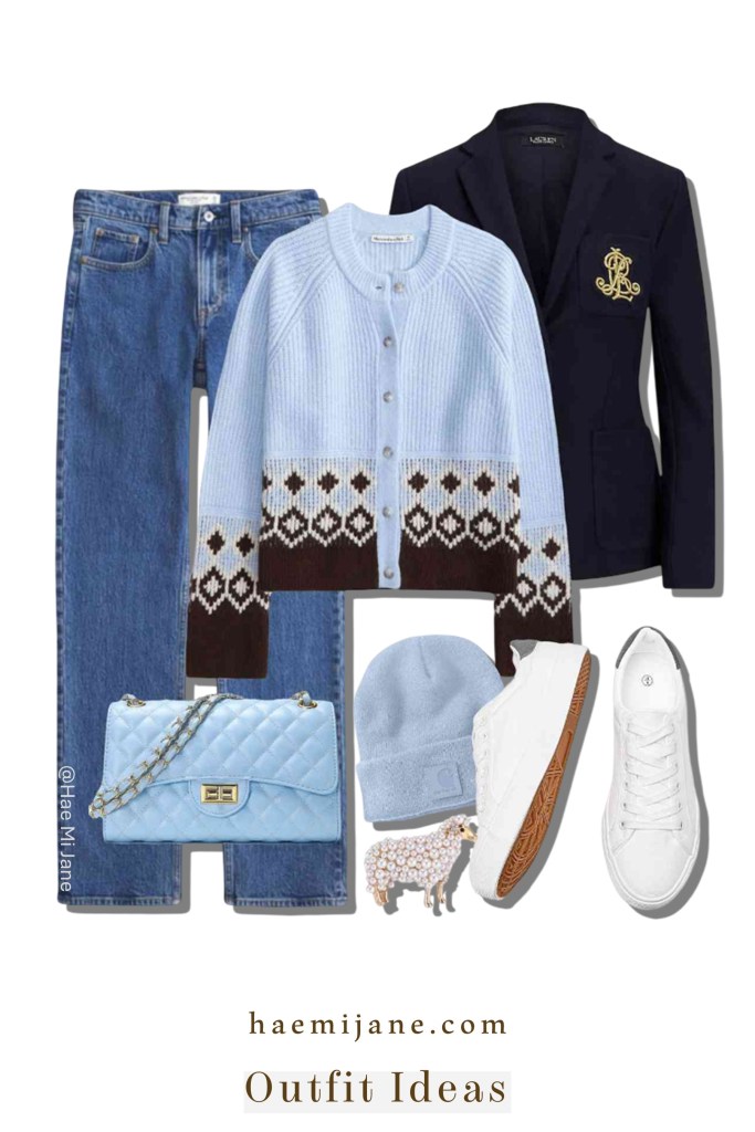 A sophisticated take on "cozy-meets-preppy," this look uses a tonal baby blue palette to soften the structured lines of a navy blazer. The mix of a Fair Isle knit and a quilted texture creates a rich, multidimensional aesthetic perfect for upscale weekend leisure.