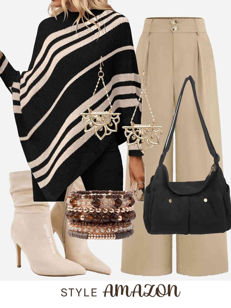 Black and white striped poncho with khaki trousers and suede boots