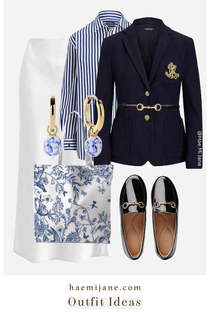 Elegant navy blue blazer with blue and white striped button down shirt finished with shiny black loafers