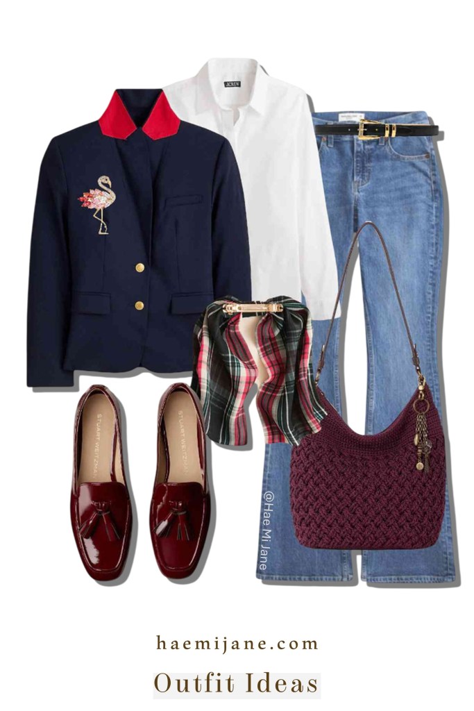 An updated "Ivy League" look that leans into deep autumnal tones. The navy blazer’s red contrast collar serves as the anchor for the rich burgundy accessories, while the plaid bow and patent loafers create a nostalgic, academic feel with a high-fashion finish.