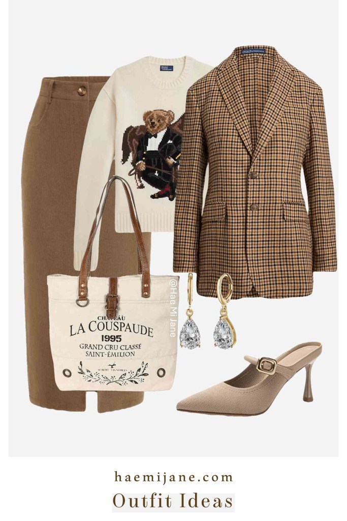 Ralph Lauren tweed blazer styled with cream sweater with bear design and brown skirt