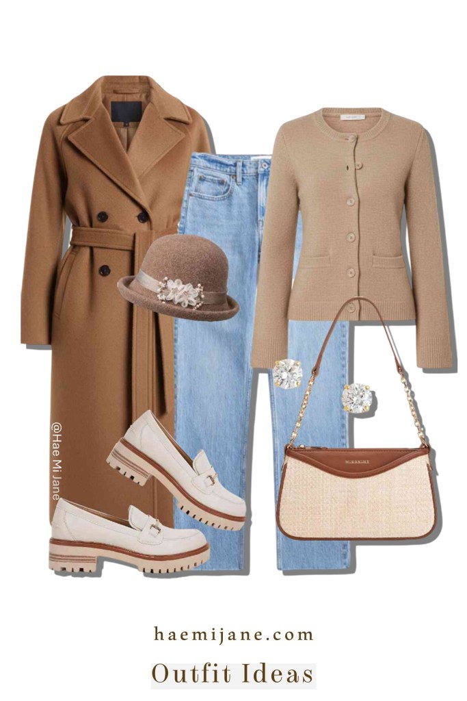 Achieve a "Quiet Luxury" look with a tan belted wrap coat, beige cardigan, and cream loafers. Ideal for a sophisticated day at a museum or gallery.