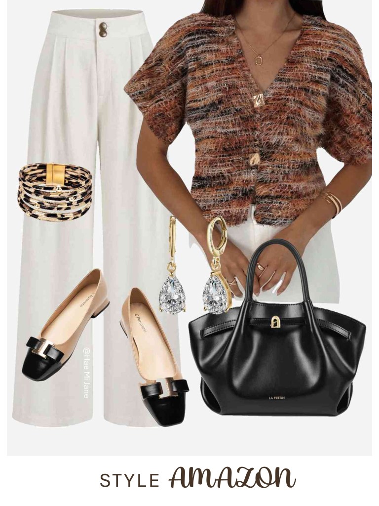 Textured short sleeve cardigan with leopard jewelry and ballet flats