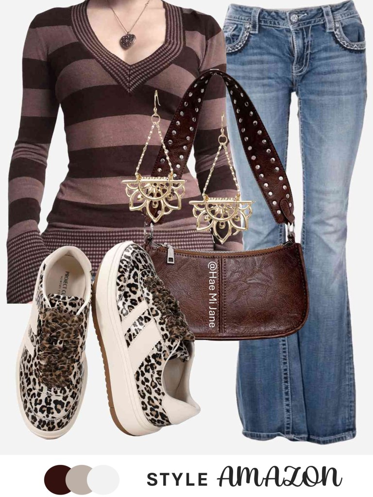 Striped knit top, flared blue jeans, leopard platform sneakers.