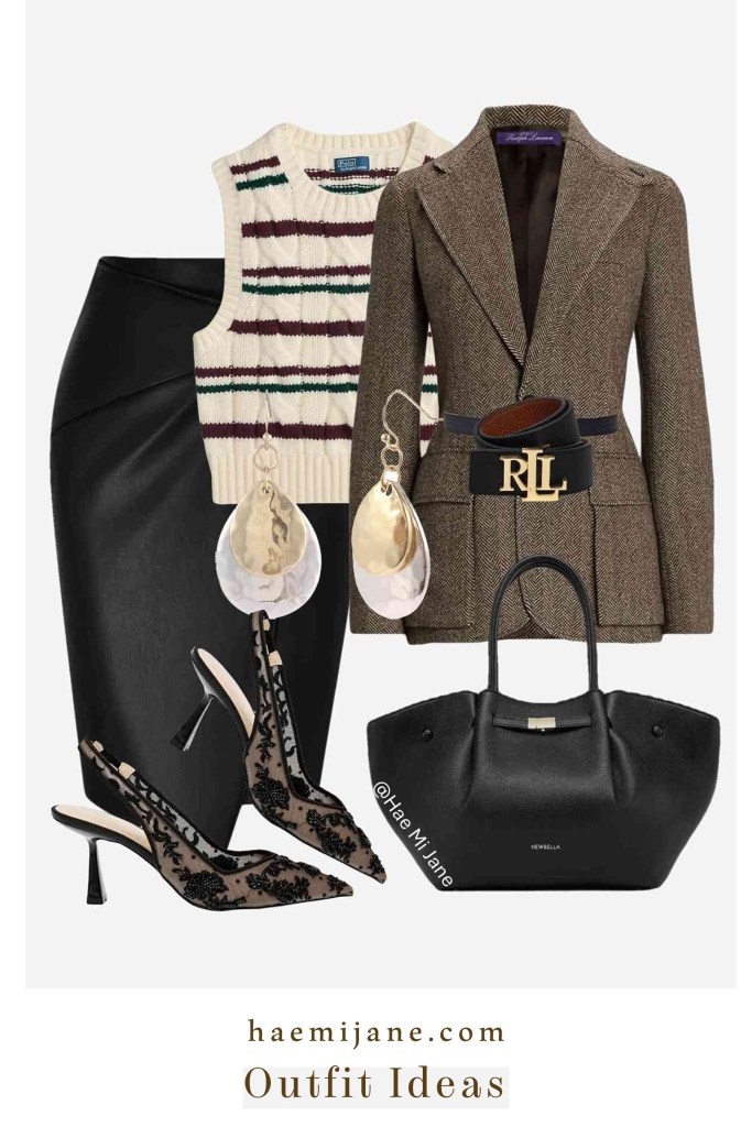 Edgy leather skirt with classic tweed blazer and black lace heels