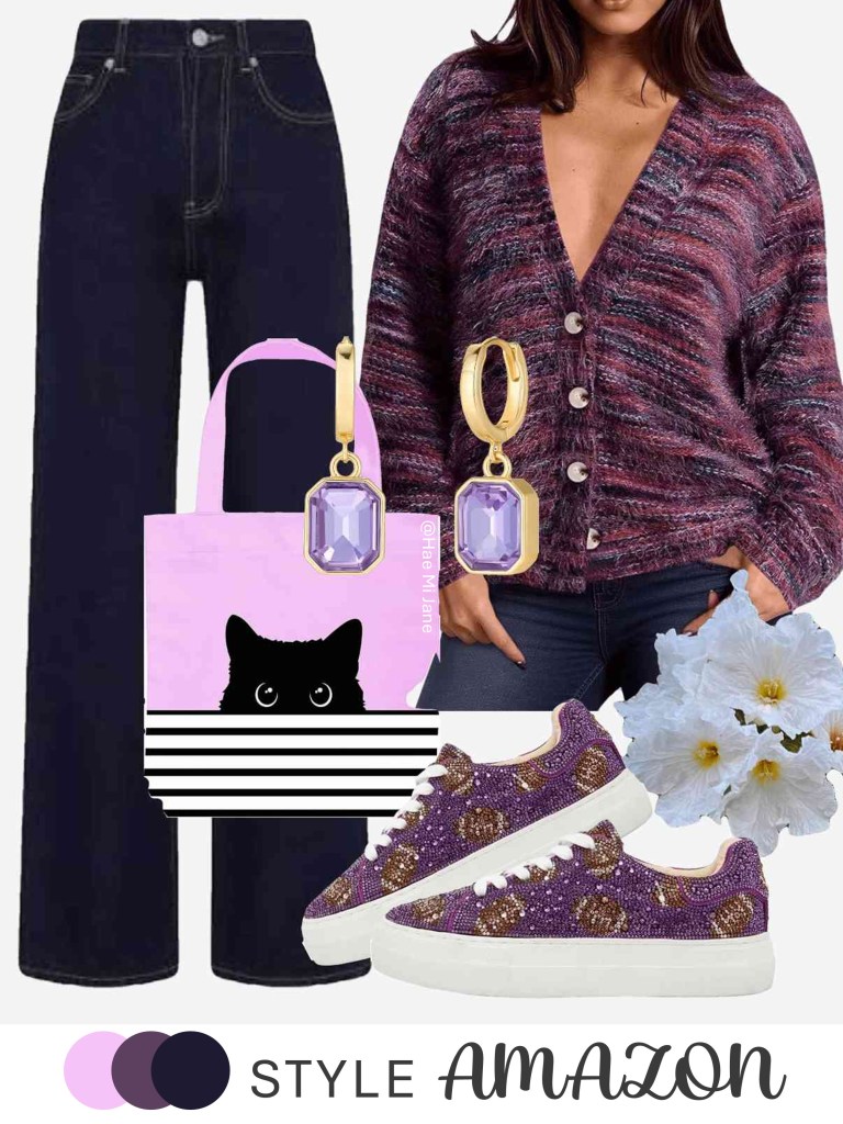 Purple space-dye cardigan with dark indigo jeans and cat-print tote bag.