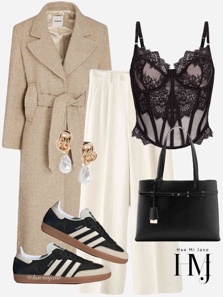 Contrast the sporty nature of the Black Sambas with a feminine lace corset top and a long, camel-colored wool coat.