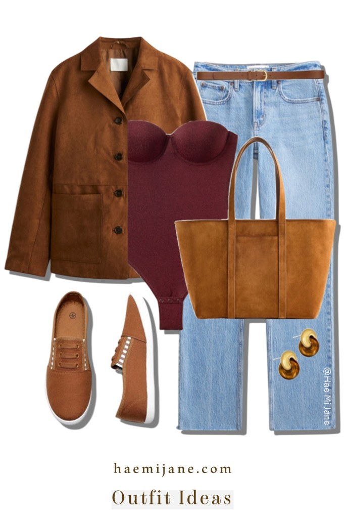 Discover the ultimate autumnal aesthetic with this suede-on-suede ensemble. Featuring a tobacco-colored suede field jacket, a merlot sweetheart bodysuit, and light-wash denim, this look is a masterclass in mixing rich textures and warm earth tones for a casual yet polished vibe.