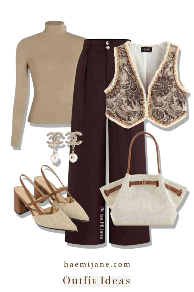 A sophisticated outfit featuring a beige turtleneck, an ornate floral tapestry vest with cream trim, dark plum wide-leg trousers, beige slingback heels, a cream woven handbag, and pearl drop earrings