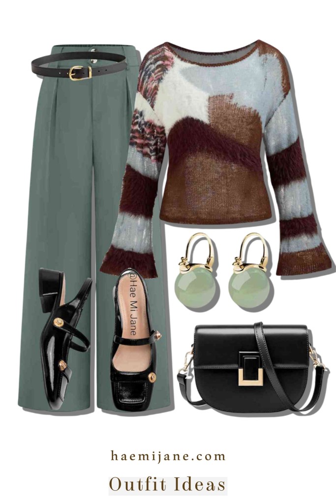 Embrace artistic color theory with this sage green and patchwork knit ensemble. This boho-chic look features wide-leg pleated trousers, a multi-tonal fuzzy sweater, and vintage-inspired black patent Mary Janes. A perfect choice for a whimsical, creative, and comfortable daily outfit.