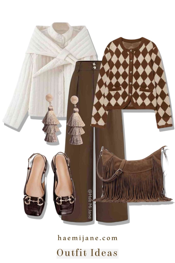An autumnal outfit layout featuring a brown and cream argyle cardigan, a white quilted wrap scarf, cocoa brown trousers, dark brown loafers, and a chocolate brown suede fringe shoulder bag